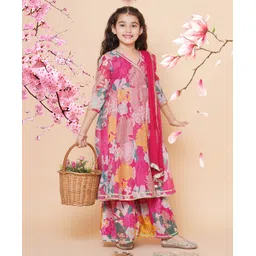 Bitiya By Bhama Silk Woven Three Fourth Sleeves Floral Printed Kurta & Sharara With Dupatta Set - Pink-picture-11