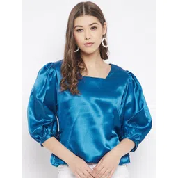 Bitterlime Blue Puff Sleeves Satin Top-picture-35