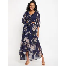 Bitterlime Floral Printed V-Neck Crop Top With Skirts-picture-29