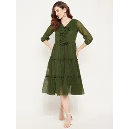 Bitterlime Olive Green Georgette A-Line Midi Dress-picture-31