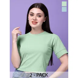 Bitterlime Pack Of 2 Self Design Round Neck Cotton Crop Top-picture-12