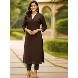 Bitterlime V-Neck Pure Cotton Straight Kurta with Trousers-picture-43