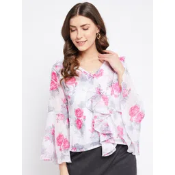 Bitterlime White Floral Printed Georgette Ruffled Top-picture-22