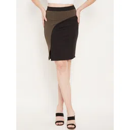 Bitterlime Women Black & Brown Colourblocked Solid Mini Pencil Skirts-picture-13