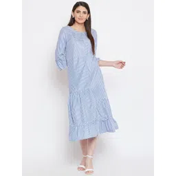 Bitterlime Women Blue & White Striped A-Line Midi Dress-picture-29