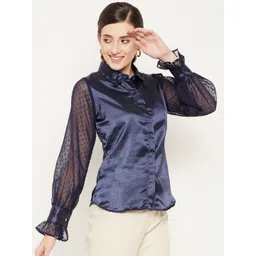 Bitterlime Women Navy Blue Satin Casual Shirt-picture-19