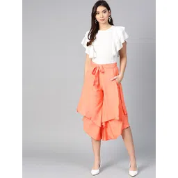 Bitterlime Women Off White & Peach-Coloured Ruffled Top with Layered Trousers-picture-28