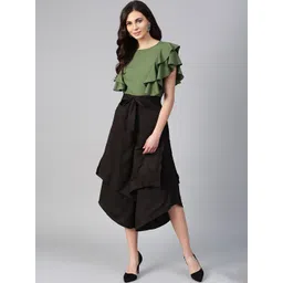 Bitterlime Women Olive Green & Black Ruffled Top with Layered Trousers-picture-27