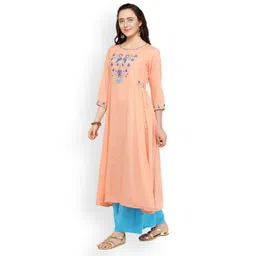Bitterlime Women Peach-Coloured Embroidered A-Line Kurta image 3