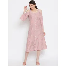 Bitterlime Women Red & White Striped A-Line Midi Dress-picture-25