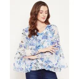Bitterlime Women White & Blue Floral Print Georgette Top-picture-17
