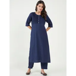 Bitterlime Yoke Design Regular Pure Cotton Round Neck A-Line Kurta with Trouser-picture-12