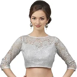 biyu Women's Floral Net 3/4th Sleeves High Neck Readymade Saree Blouse-picture-26