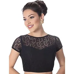 biyu Women's Floral Net Cap Sleeves High Neck Readymade Saree Blouse-picture-31