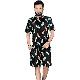 Black Co Ord Set for Men| Printed Shirt & Shorts Set| Cotton Button Down Short Sleeve| Pajama Shorts Night Suits Set| Lounge-Wear Nightdress| Set Beach Wear| Summer Wear-picture-39