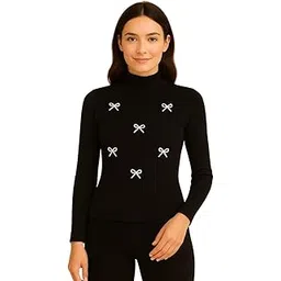 black velour Women’s Ribbed High Neck Top with Bow Appliqué | Stretch Fit Long Sleeve Knitwear | Soft Casual & Office Wear Top for Daily Use | Stylish Lightweight-picture-23