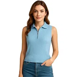black velour Women’s Sleeveless Ribbed Polo Top with Zipper | Knit Collared Top for Casual, Office & Summer Outfits-picture-17