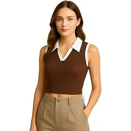 Women’s Ribbed Knit Sleeveless Collared V-Neck Crop Top – Stretch Slim Fit Stylish Top-image-5