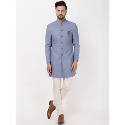 Blackberrys Men Blue & Cream-Coloured Solid 2-Piece Slim-Fit Bandhgala Suit-picture-24