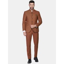 Blackberrys Men Coffee Brown Self Design Bandhgala Slim-Fit 2-Piece Formal Suit-picture-14
