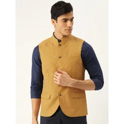 Blackberrys Men Mustard Yellow & White Slim Fit Woven Design Nehru Jacket-picture-21