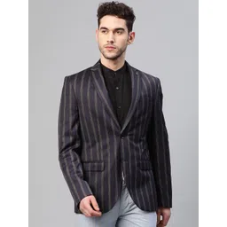 Blackberrys Men Navy Blue & Brown Slim Fit Striped Single-Breasted Smart Casual Blazer-picture-18
