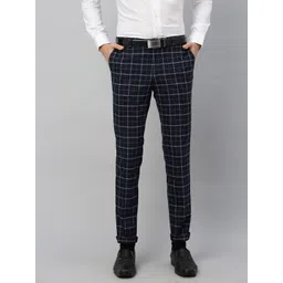 Blackberrys Men Navy Blue & White B-91 Narrow Fit Checked Formal Trousers-picture-32