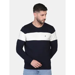 Blackberrys Men Navy Blue & White Colourblocked Cotton Pullover Sweater-picture-40