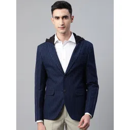 Blackberrys Men Navy Blue Slim Fit Striped Single-Breasted Formal Pure Cotton Blazer With Hood-picture-17