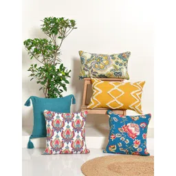BLANC9 Tea Blue & Yellow 5 Pieces Ethnic Motifs Square & Rectangle Cushion Covers-picture-36