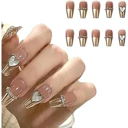 BLISS START Gold Press on Nails Tips Heart Coffin Fake Nails Full Cover For Girl & Women,Artificial Nail Extensions with Nail Glue Stickers,Lightweight & Long Lasting - (24 Pcs) 1 Box.-picture-11