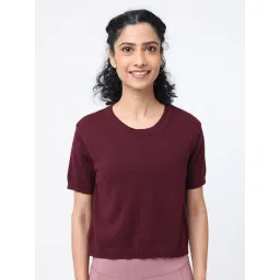 BlissClub Burgundy Cotton Relaxed Fit Crop Top-picture-28