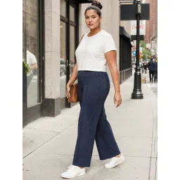 Blissclub Women Navy Blue Relaxed Loose Fit High-Rise Wrinkle Free Trousers-picture-22