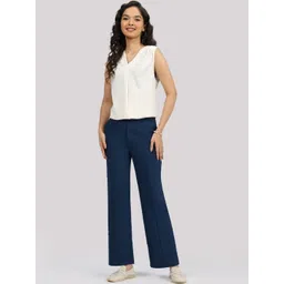 Blissclub Women Navy Blue Straight Fit Wrinkle Free Trousers-picture-23