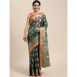 Blissta Bottle Green Floral Print Kanjeevaram Saree With Unstitched Blouse-picture-16