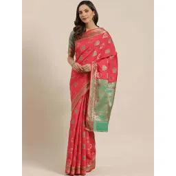 Blissta Coral & Green Woven Saree With Unstitched Blouse-picture-10