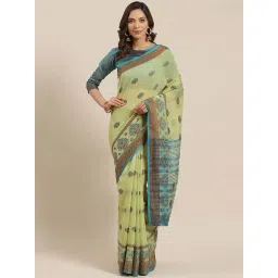 Blissta Green & Blue Linen Woven Saree With Unstitched Blouse-picture-33