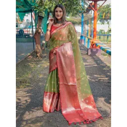 Blissta Green & Red Woven Saree With Unstitched Blouse-picture-38