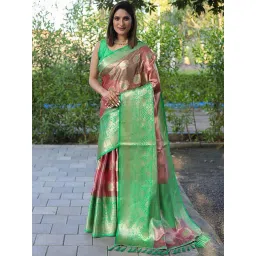 Blissta Peach & Green Silk Woven Saree With Unstitched Blouse-picture-35