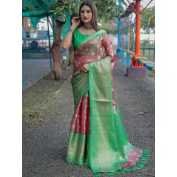 Blissta Peach & Green Woven Saree With Unstitched Blouse-picture-36