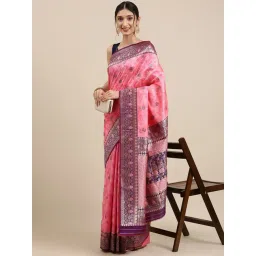 Blissta Peach Silk Floral Print Kanjeevaram Saree With Unstitched Blouse-picture-25