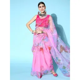 Blissta Pink Floral Print Saree With Unstitched Blouse-picture-46