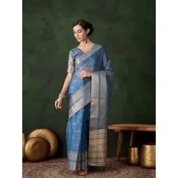 Blissta Teal Banarasi Organza Saree with Unstiched Blouse-picture-24