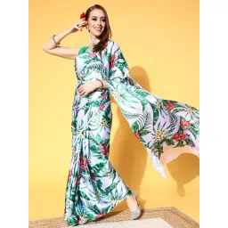 Blissta White Floral Print Saree With Unstitched Blouse-picture-30