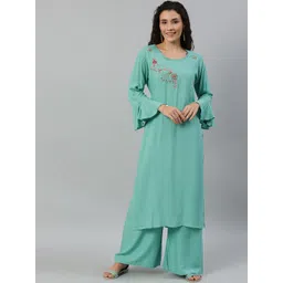 Blissta Women Turquoise Blue Solid Kurta with Palazzos With Embellished Detailing-picture-30