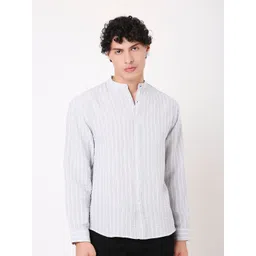 Blnk Men Relaxed Fit Vertical Striped Mandarin Collar Casual Shirt-image-20