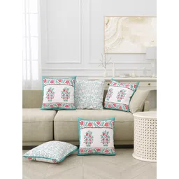 BLOCKS OF INDIA Green & White Pack of 5 Ethnic Motifs Square Cushion Covers-picture-10