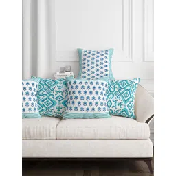 BLOCKS OF INDIA Green & White Set of 5 Ethnic Motifs Square Cushion Covers-picture-13