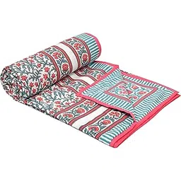 BLOCKS OF INDIA Hand Block Printed Cotton Single Size Reversible Malma Dohar For Summer (Turquoise Pink Jaal, 200 Tc)-picture-11