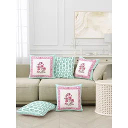 BLOCKS OF INDIA Turquoise Blue & White Set of 5 Ethnic Motifs Square Cushion Covers-picture-27